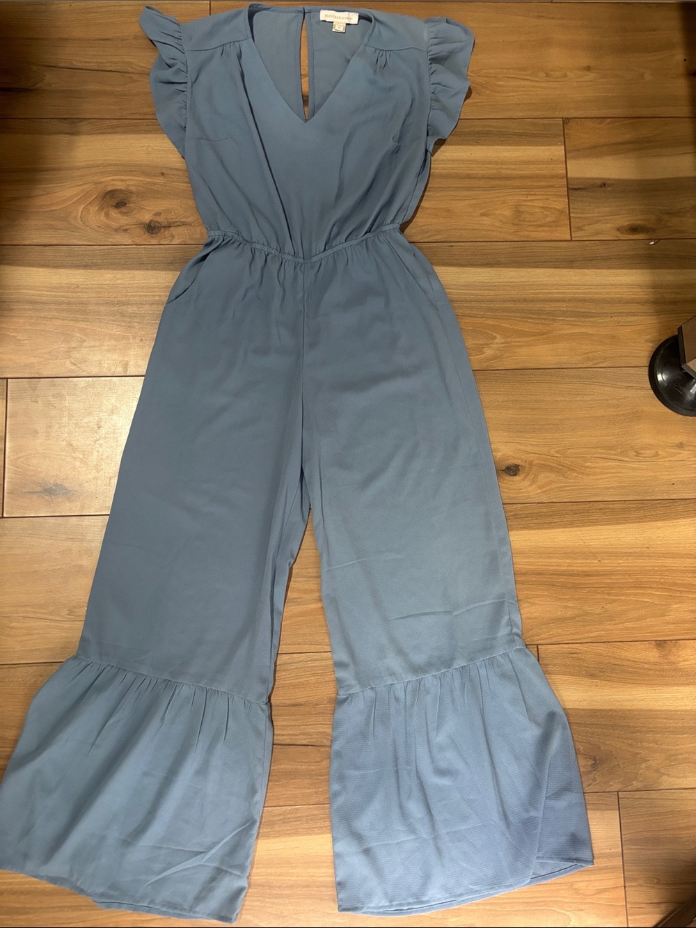 Monteau Slate Blue Ruffle-Sleeve Wide-Leg Jumpsuit